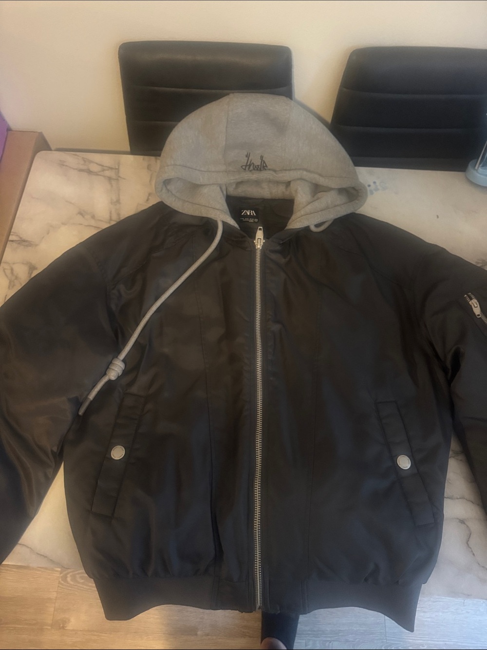 Zara Men’s Black Bomber Jacket with Gray Hood - Size M